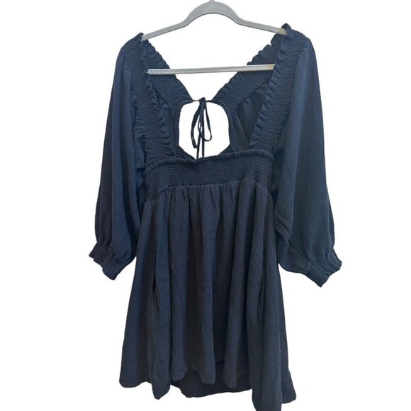 Free People Smocked Mini Dress This Is Everything Black Boho Sz Medium NEW - Picture 9 of 12